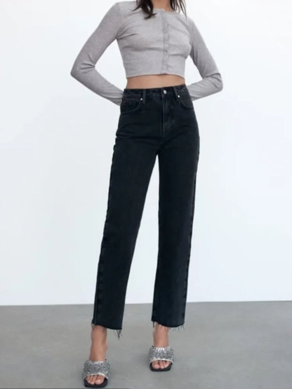 ZARA Black Washed Straight Leg Jeans Raw Hem High Rise Minimalist Grunge EU42 US